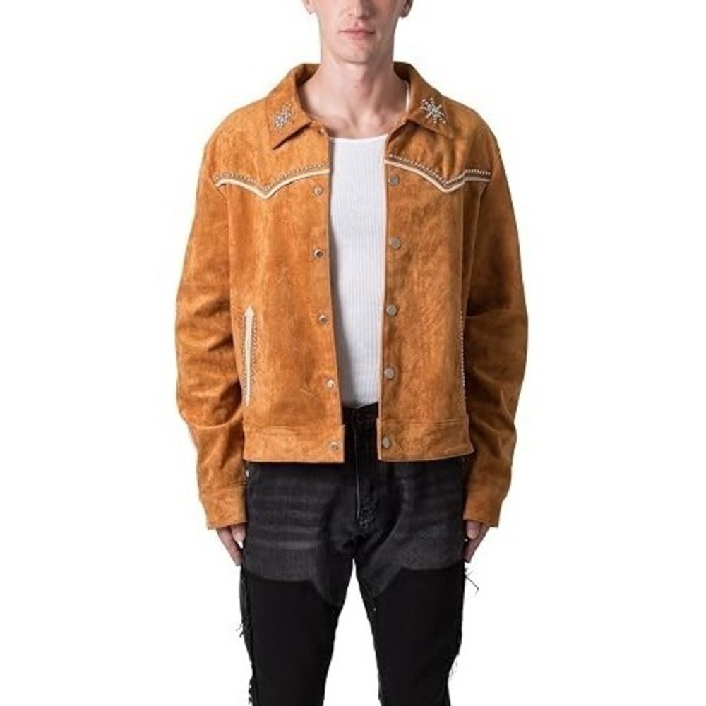MNML Suede Collared Jacket Mens Size Medium Studded Pipping Yokes NEW